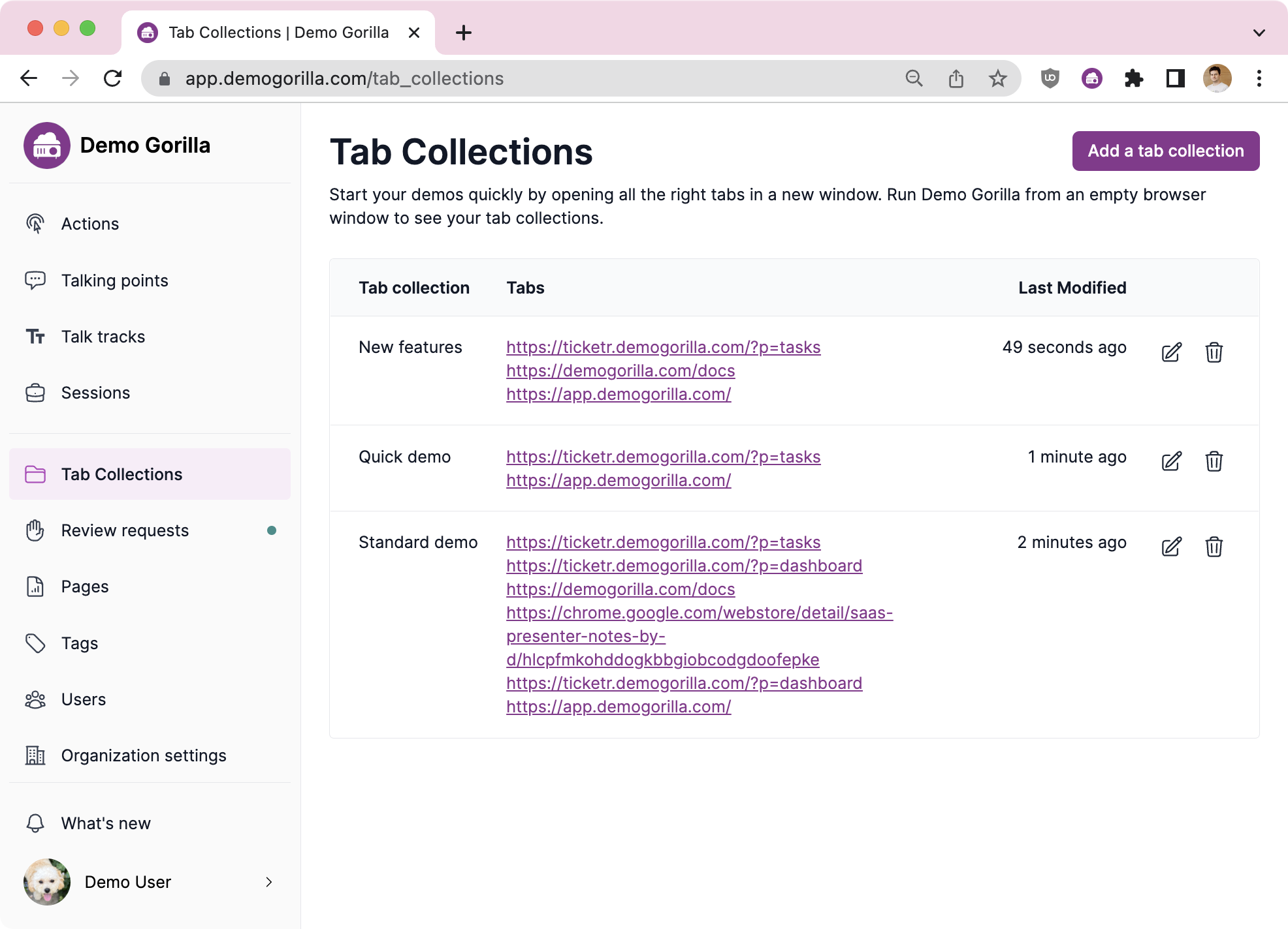 Showing a tab collection